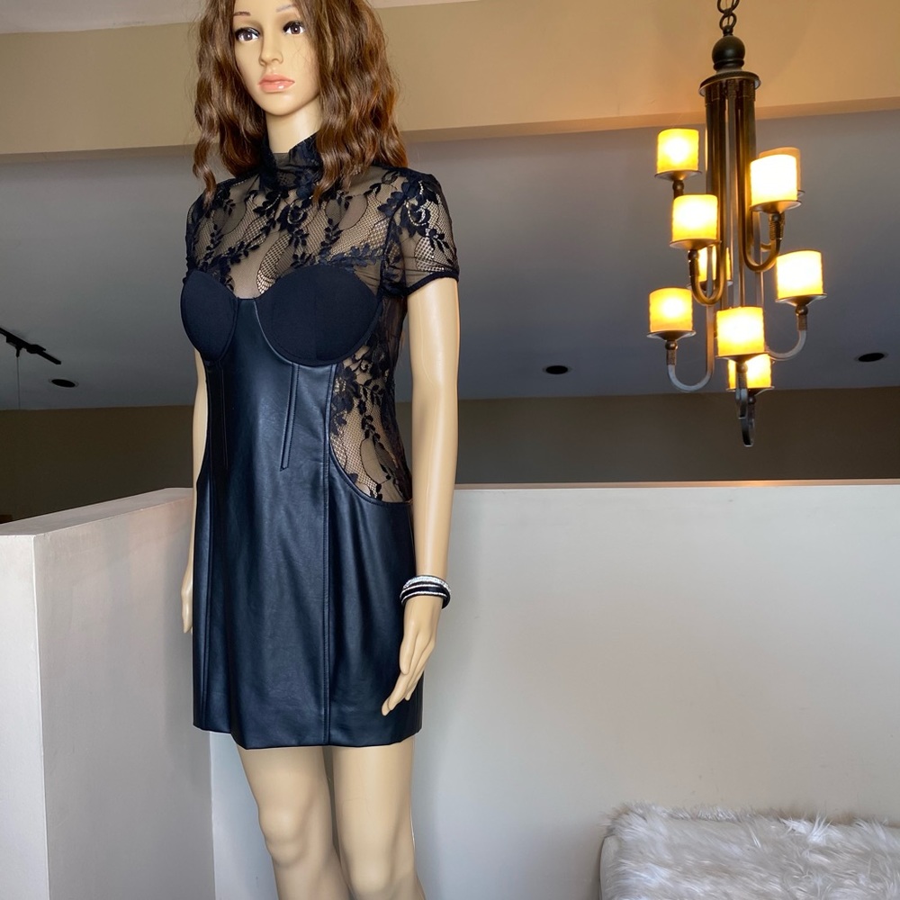 NastyGal Lace Corset Black Leather Mini Dress